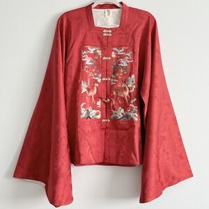 NEW Chinese Red satin embroidery Kimono robe Shirt embroidered Deer Floral